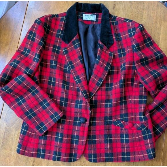 Vintage Alfred Dunner Tartan Blazer Red Wool Velvet Collar 14P Holiday 90s Boxy - Picture 10 of 11